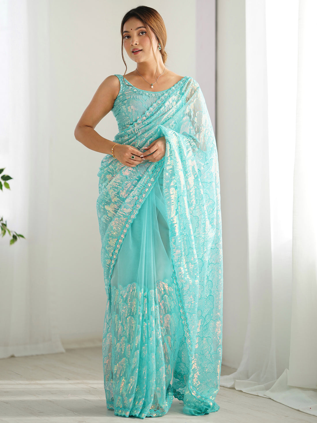 Mesmerizing Sky-Blue Sequins Net Event Wear Saree With Blouse