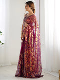 Bewitching Wine Sequins Net Reception Wear Saree With Blouse
