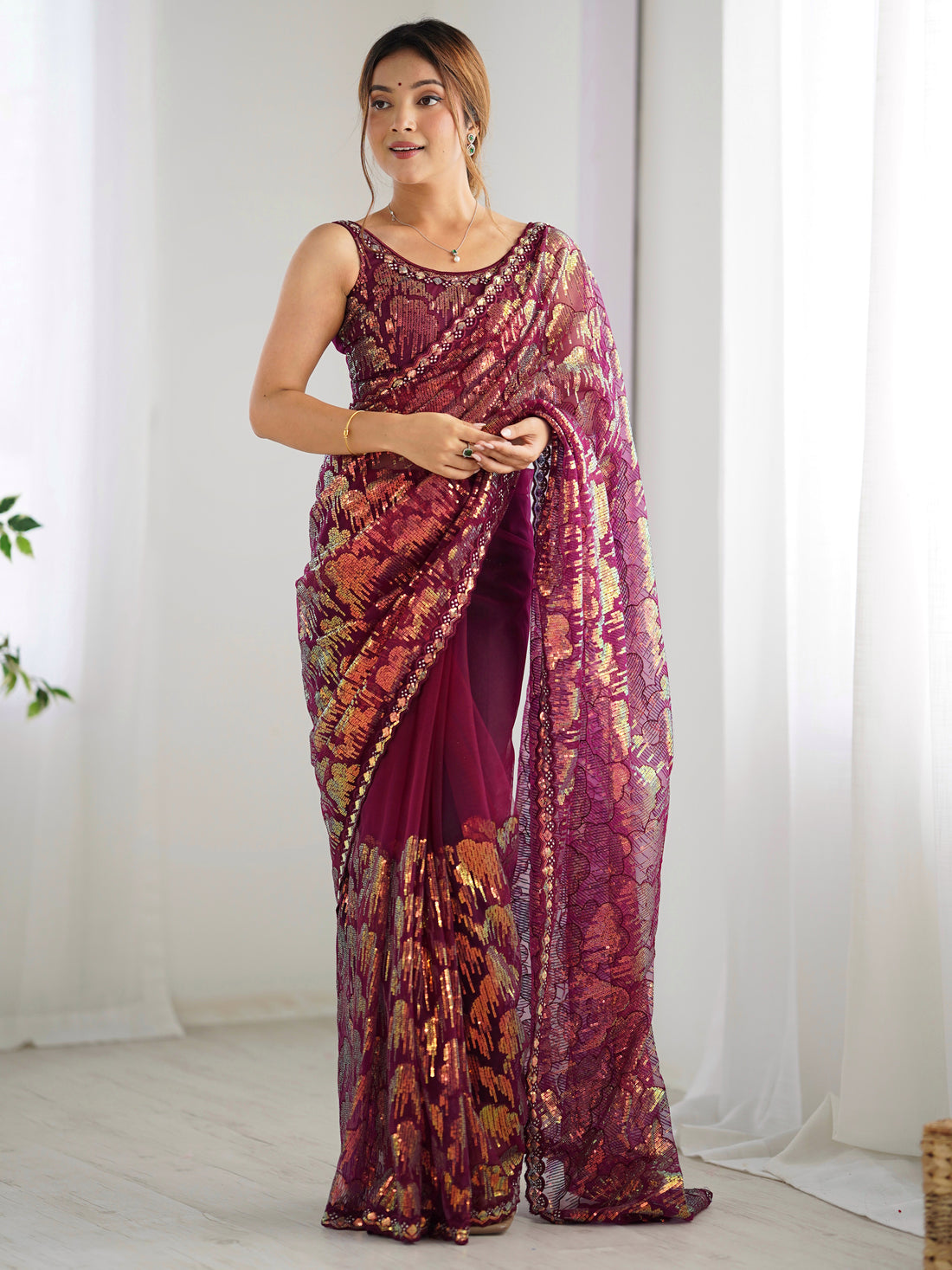 Bewitching Wine Sequins Net Reception Wear Saree With Blouse