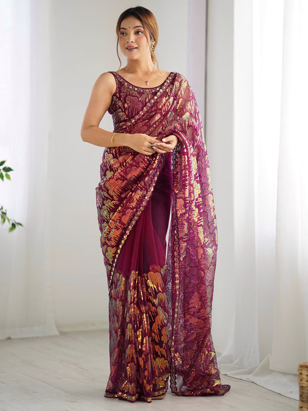 Bewitching Wine Sequins Net Reception Wear Saree With Blouse