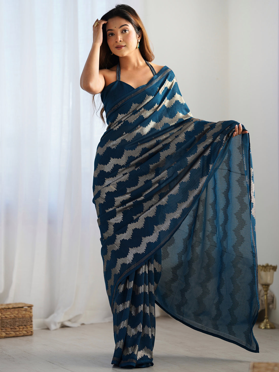 Stunning Teal Blue Sequins Georgette Reception Wear Saree With Blouse