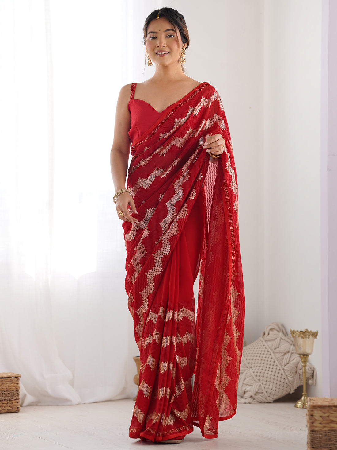 Attractive Red Sequins Georgette Cocktail Party Wear Saree With Blouse