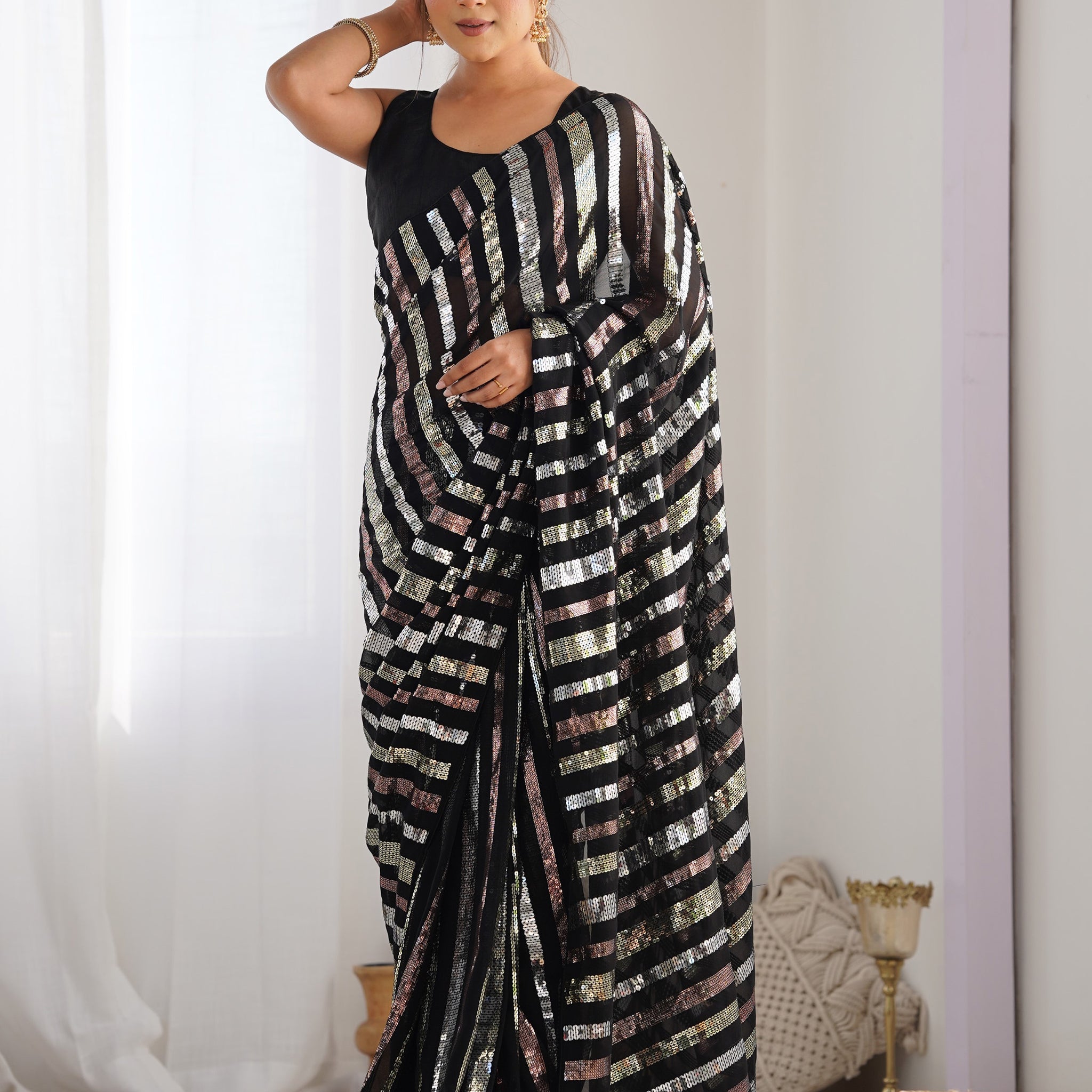 Beautiful Black Sequins Georgette Reception Wear Saree With Blouse
