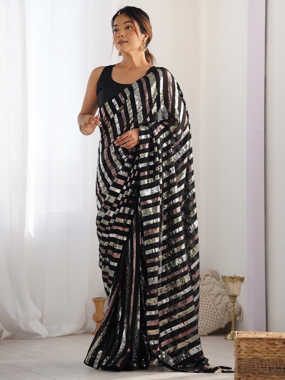 Beautiful Black Sequins Georgette Reception Wear Saree With Blouse