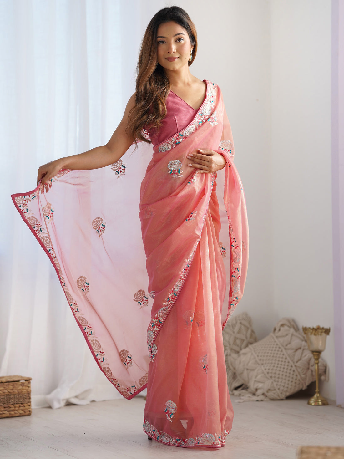 Beautiful Peach Thread Work Net Event Wear Saree With Blouse