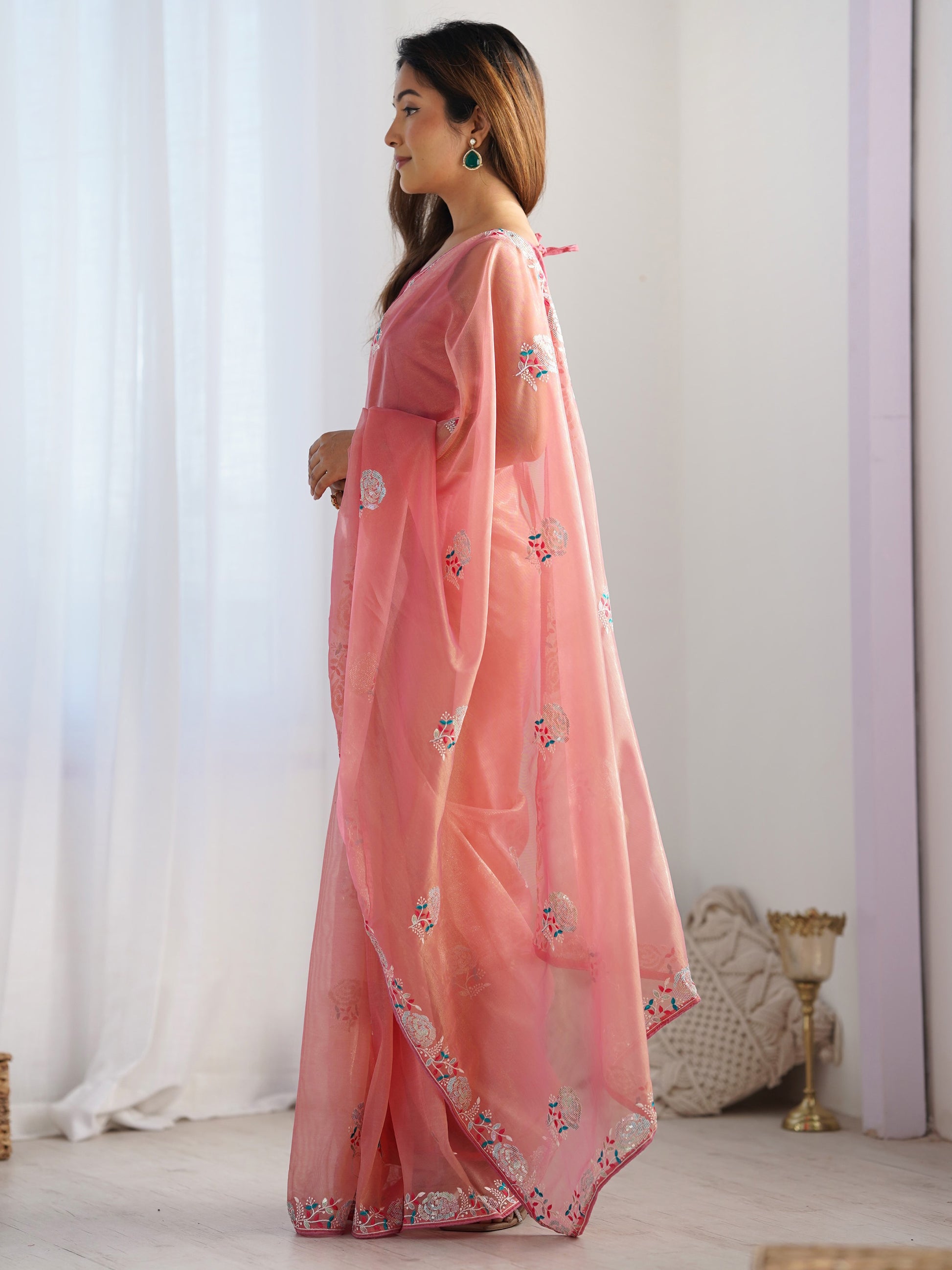 Beautiful Peach Thread Work Net Event Wear Saree With Blouse