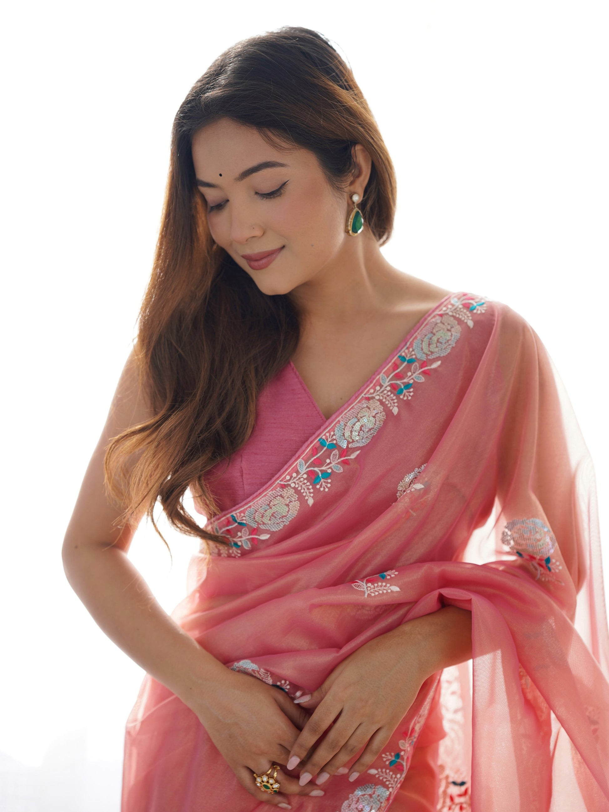 Beautiful Peach Thread Work Net Event Wear Saree With Blouse