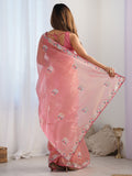 Beautiful Peach Thread Work Net Event Wear Saree With Blouse
