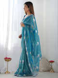 Captivating Teal Blue Thread Work Sequins Net Saree With Blouse