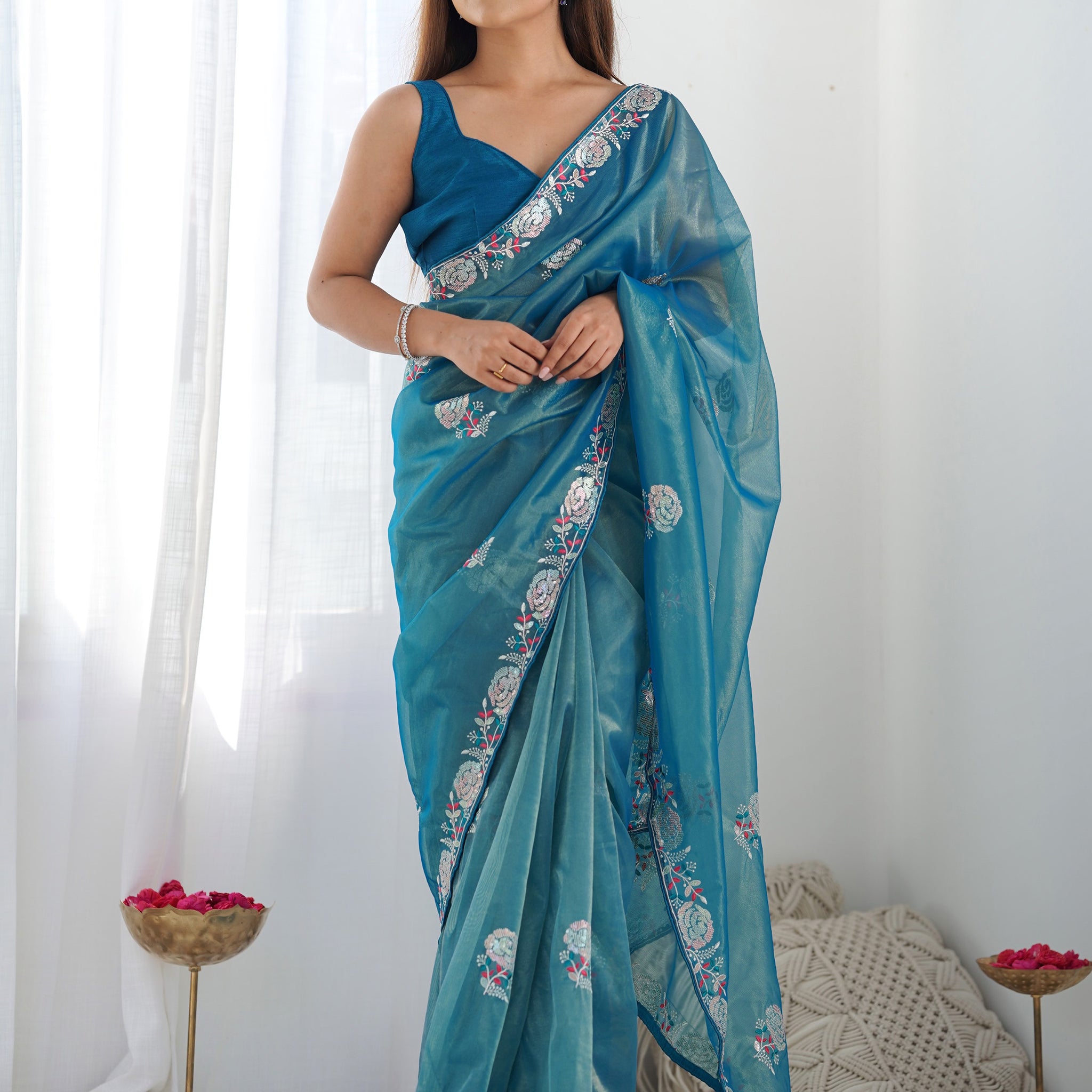 Captivating Teal Blue Thread Work Sequins Net Saree With Blouse
