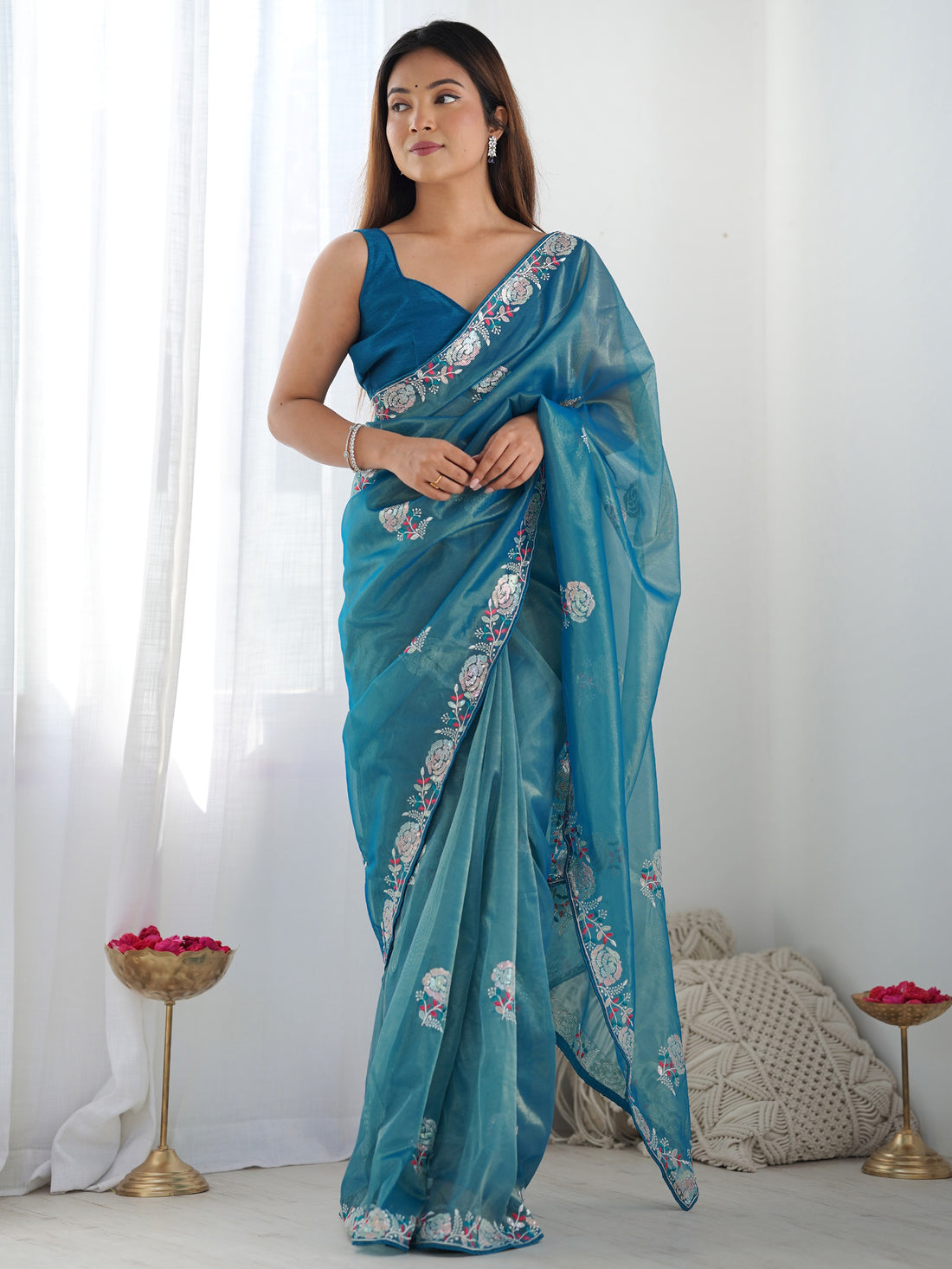 Captivating Teal Blue Thread Work Sequins Net Saree With Blouse