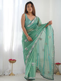 Astonishing Sea Green Sequins Net Party Wear Saree With Blouse