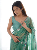 Astonishing Sea Green Sequins Net Party Wear Saree With Blouse