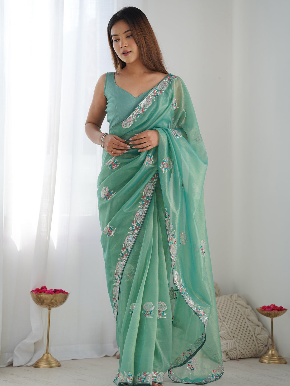 Astonishing Sea Green Sequins Net Party Wear Saree With Blouse