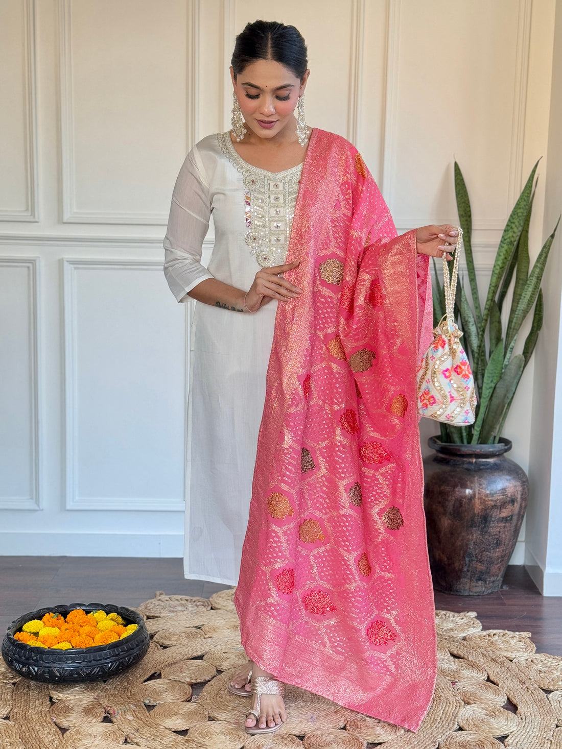 Awesome Off-White Embroidered Chanderi Traditional Pant Suit