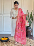 Awesome Off-White Embroidered Chanderi Traditional Pant Suit