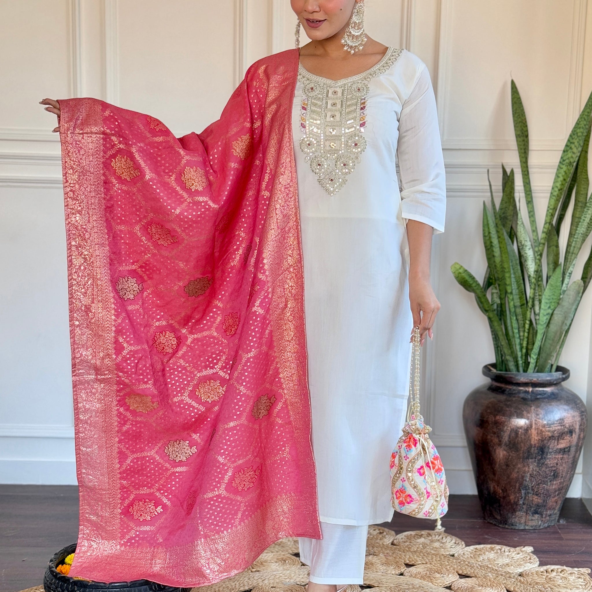 Awesome Off-White Embroidered Chanderi Traditional Pant Suit