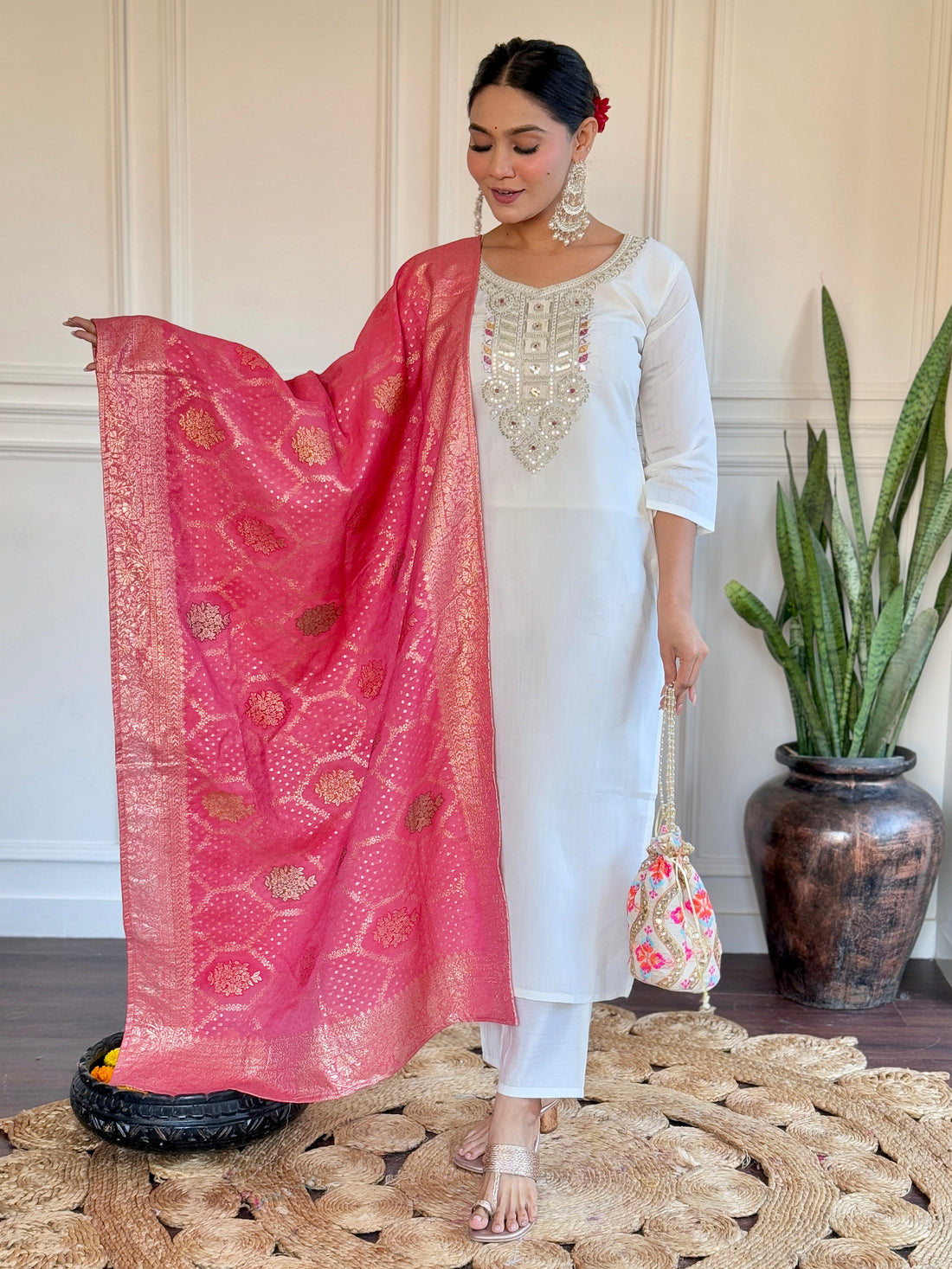 Awesome Off-White Embroidered Chanderi Traditional Pant Suit