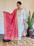 Awesome Off-White Embroidered Chanderi Traditional Pant Suit