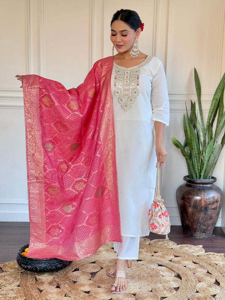 Awesome Off-White Embroidered Chanderi Traditional Pant Suit