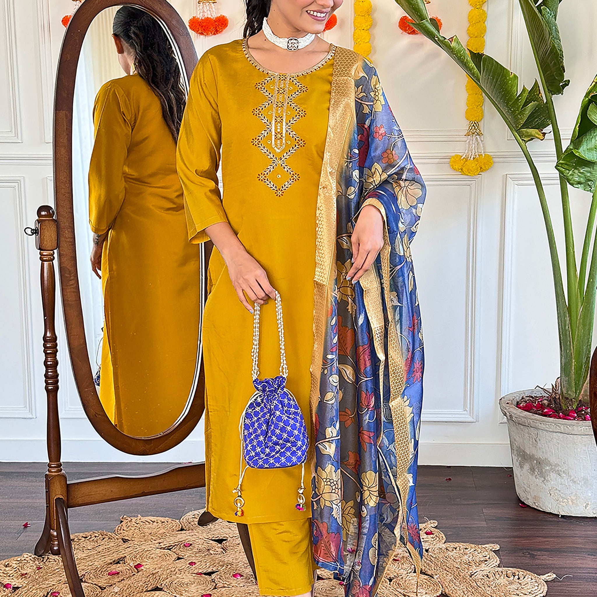 Dazzling Mustard Yellow Embroidered Viscose Haldi Wear Pant Suit
