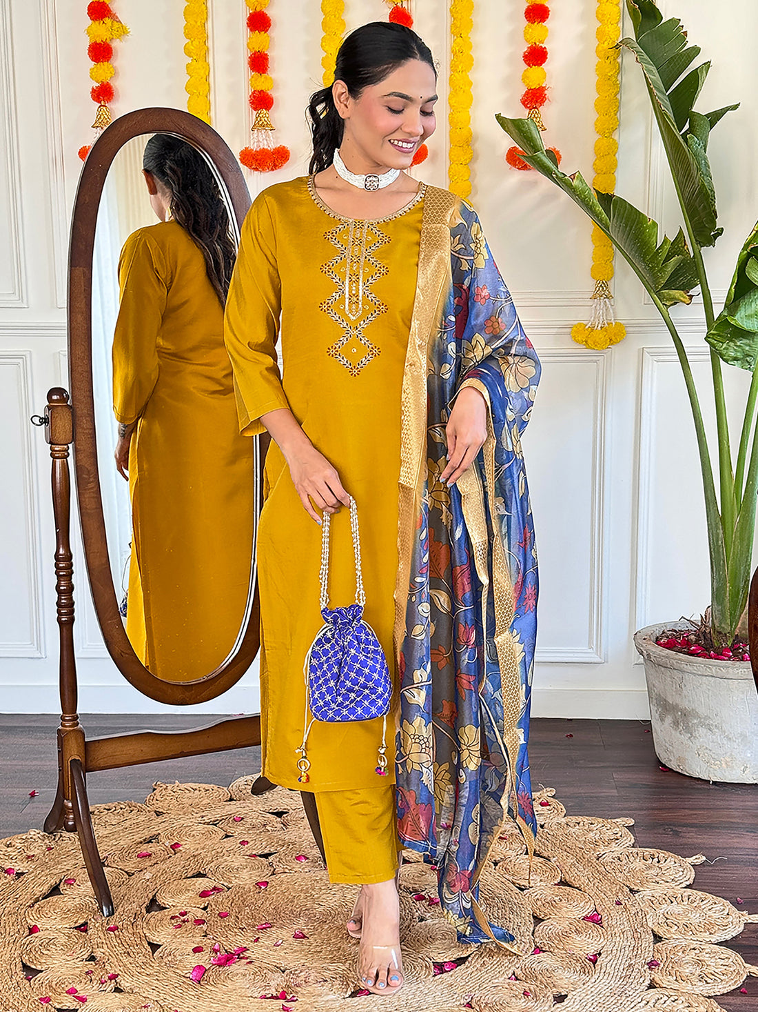 Dazzling Mustard Yellow Embroidered Viscose Haldi Wear Pant Suit