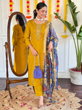 Dazzling Mustard Yellow Embroidered Viscose Haldi Wear Pant Suit
