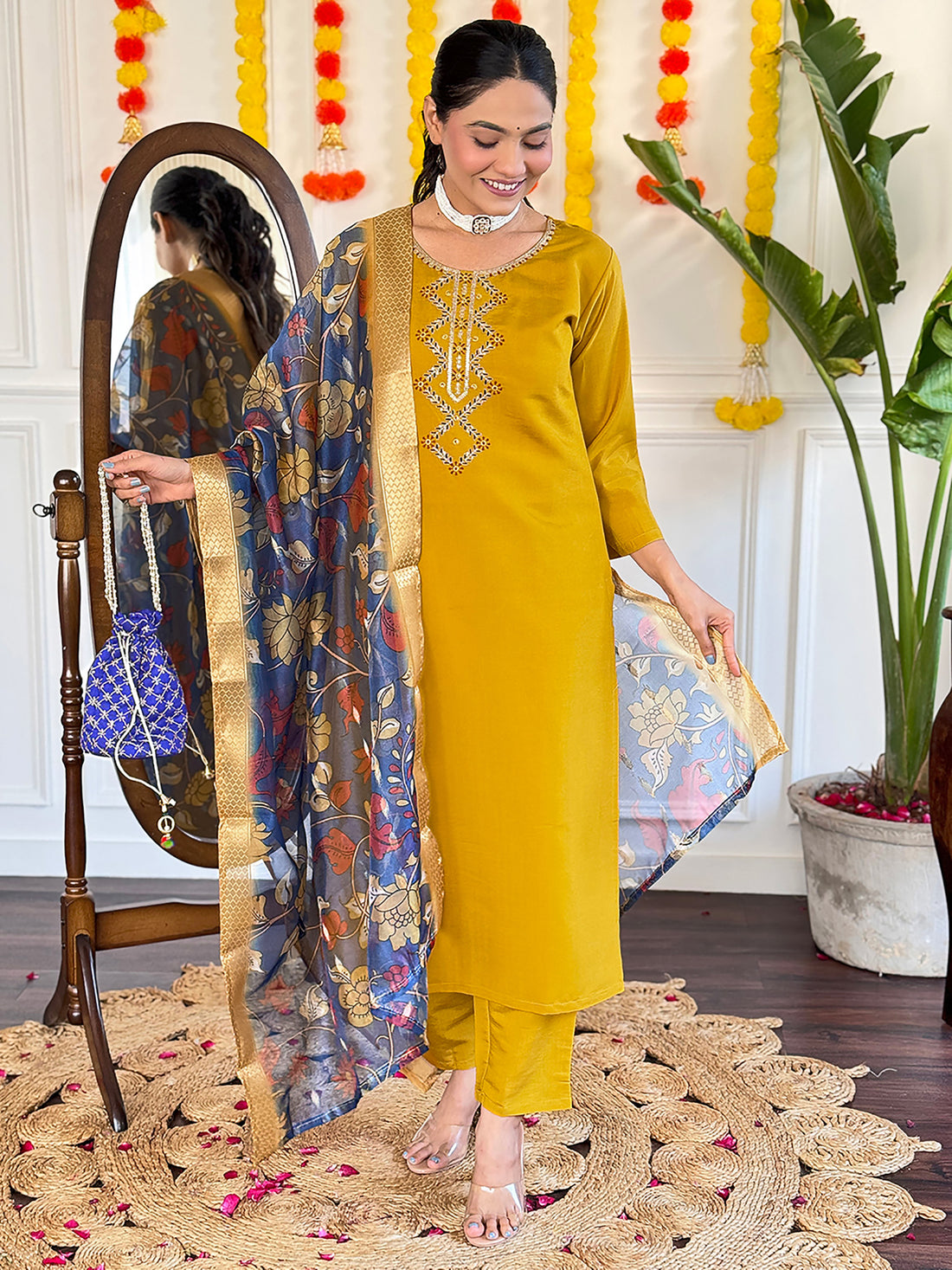 Dazzling Mustard Yellow Embroidered Viscose Haldi Wear Pant Suit