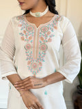 Amazing Off-White Thread Embroidered Viscose Pant Suit With Dupatta