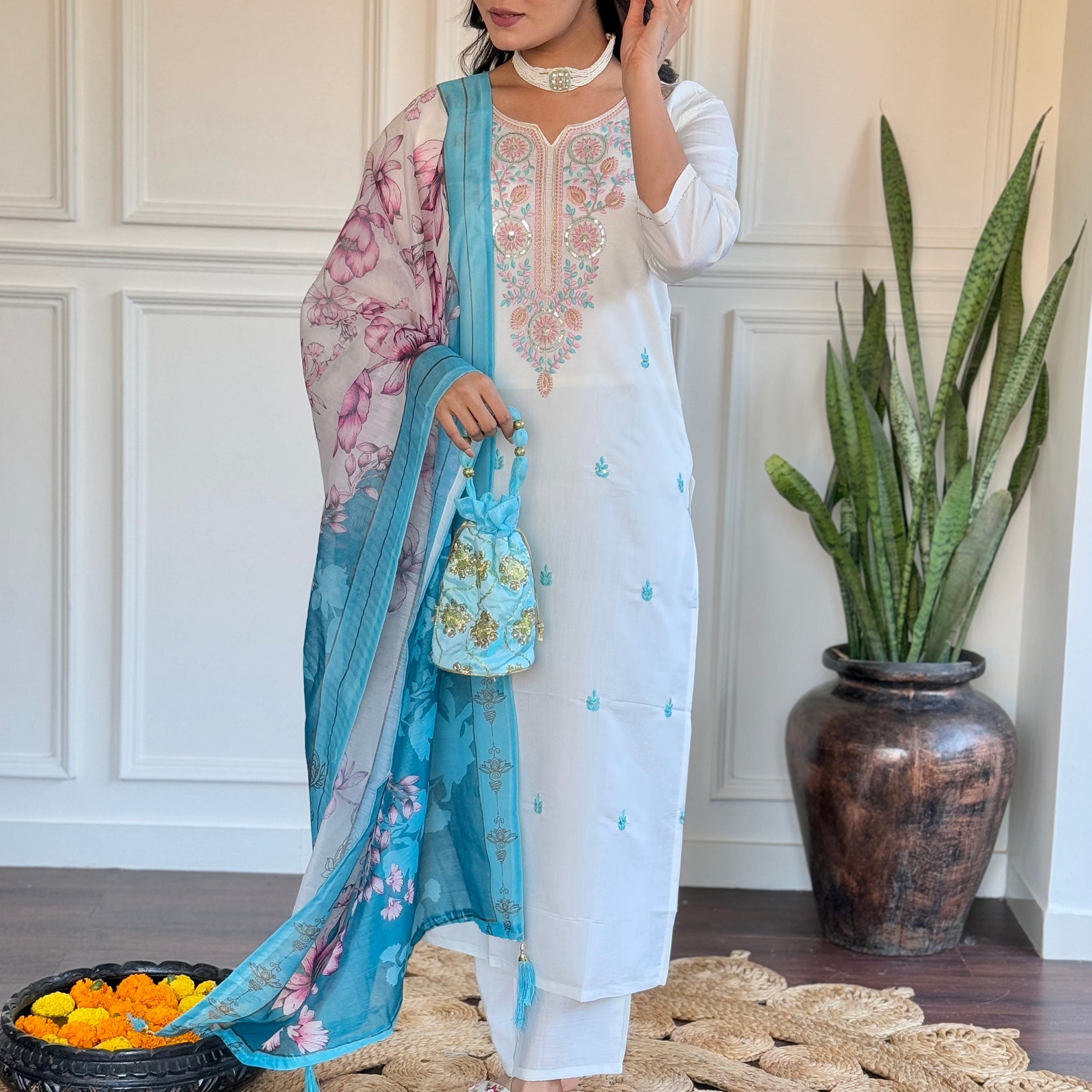 Amazing Off-White Thread Embroidered Viscose Pant Suit With Dupatta
