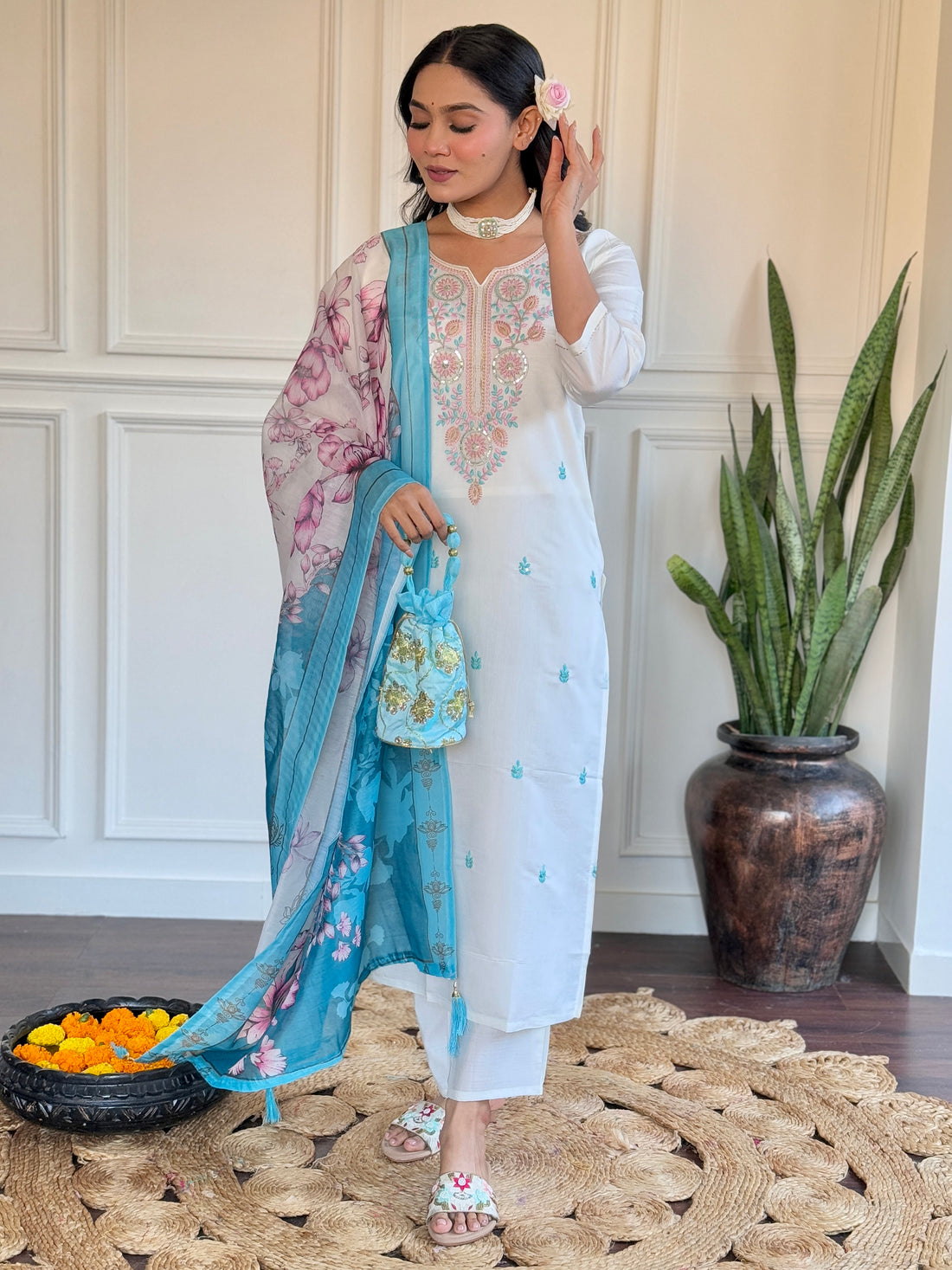 Amazing Off-White Thread Embroidered Viscose Pant Suit With Dupatta
