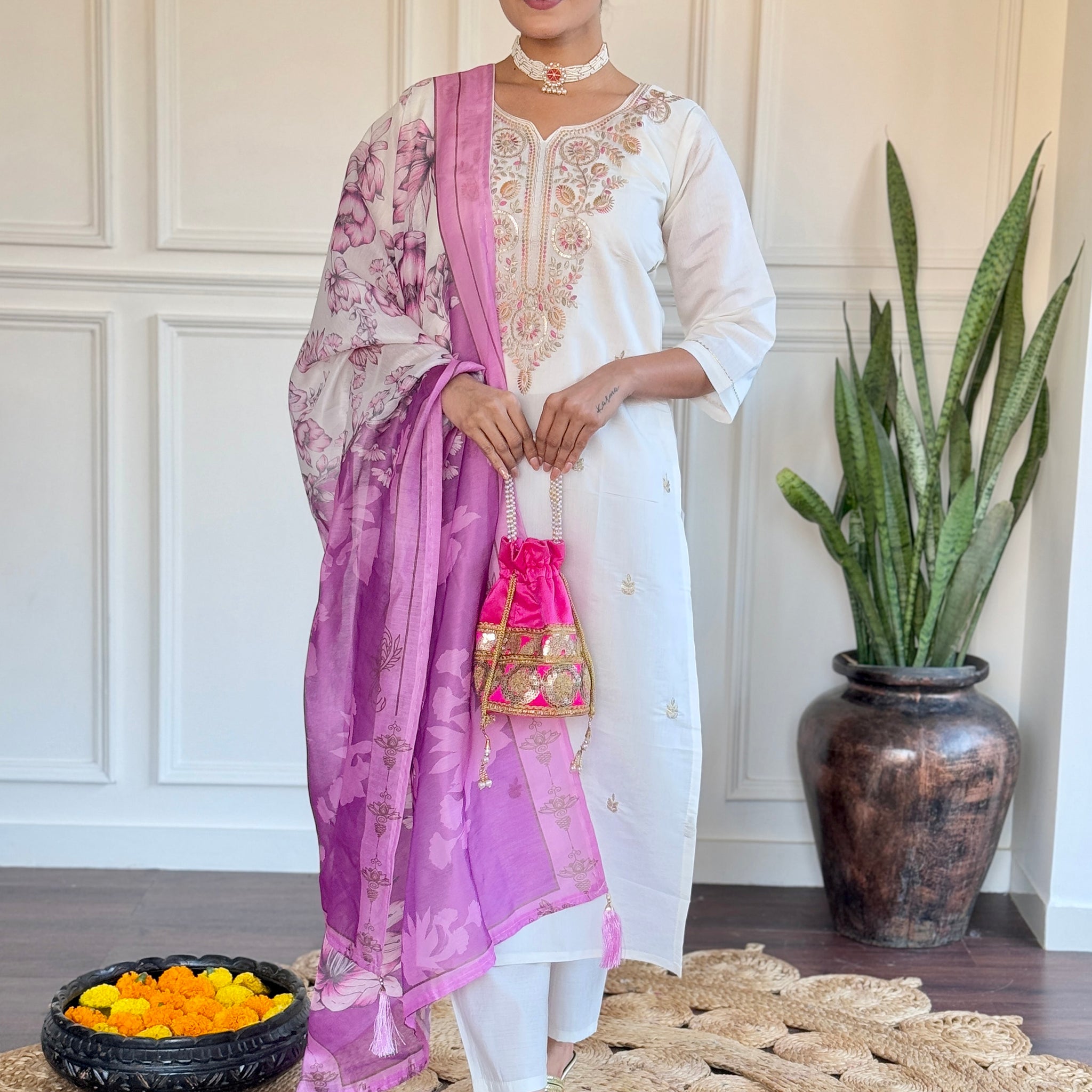 Lovable Off-White Thread Embroidered Viscose Traditional Pant Suit