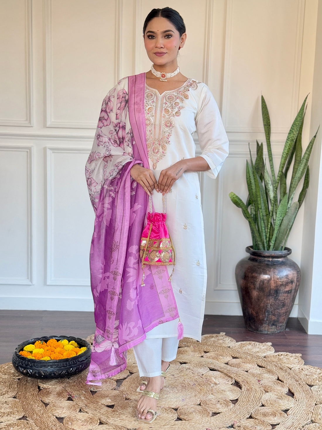 Lovable Off-White Thread Embroidered Viscose Traditional Pant Suit