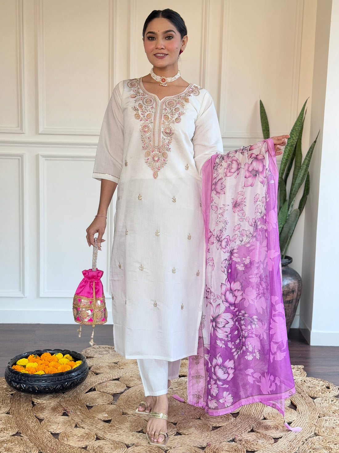 Lovable Off-White Thread Embroidered Viscose Traditional Pant Suit