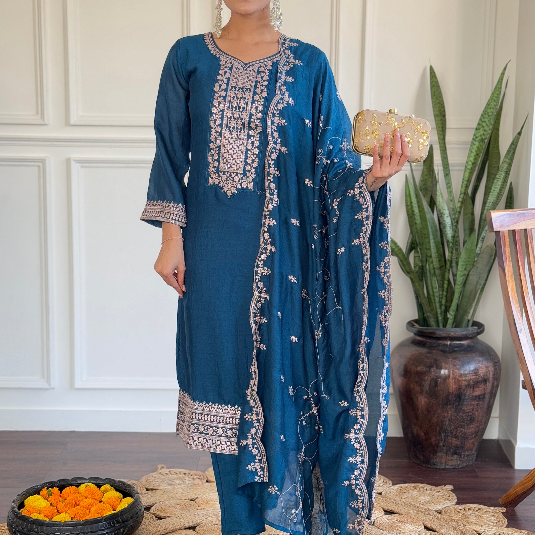 Pretty Blue Embroidered Vichitra Silk Festival Wear Pant Suit With Dupatta