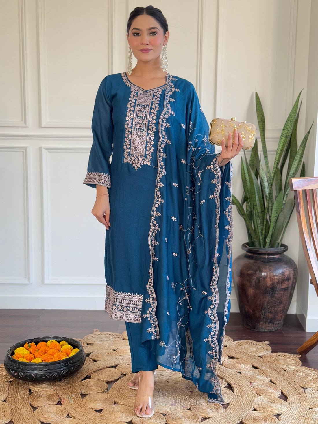 Pretty Blue Embroidered Vichitra Silk Festival Wear Pant Suit With Dupatta