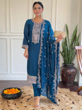 Pretty Blue Embroidered Vichitra Silk Festival Wear Pant Suit With Dupatta