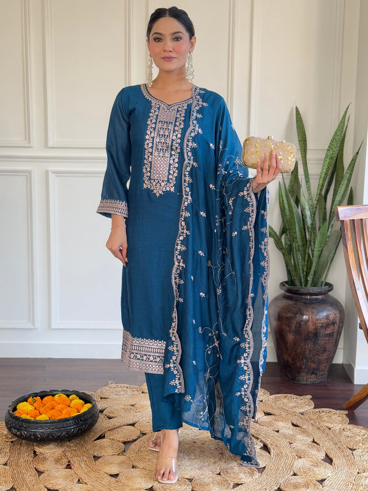 Pretty Blue Embroidered Vichitra Silk Festival Wear Pant Suit With Dupatta