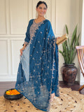 Pretty Blue Embroidered Vichitra Silk Festival Wear Pant Suit With Dupatta
