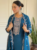 Pretty Blue Embroidered Vichitra Silk Festival Wear Pant Suit With Dupatta