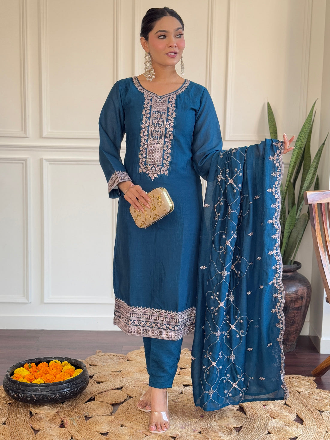 Pretty Blue Embroidered Vichitra Silk Festival Wear Pant Suit With Dupatta
