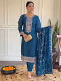 Pretty Blue Embroidered Vichitra Silk Festival Wear Pant Suit With Dupatta