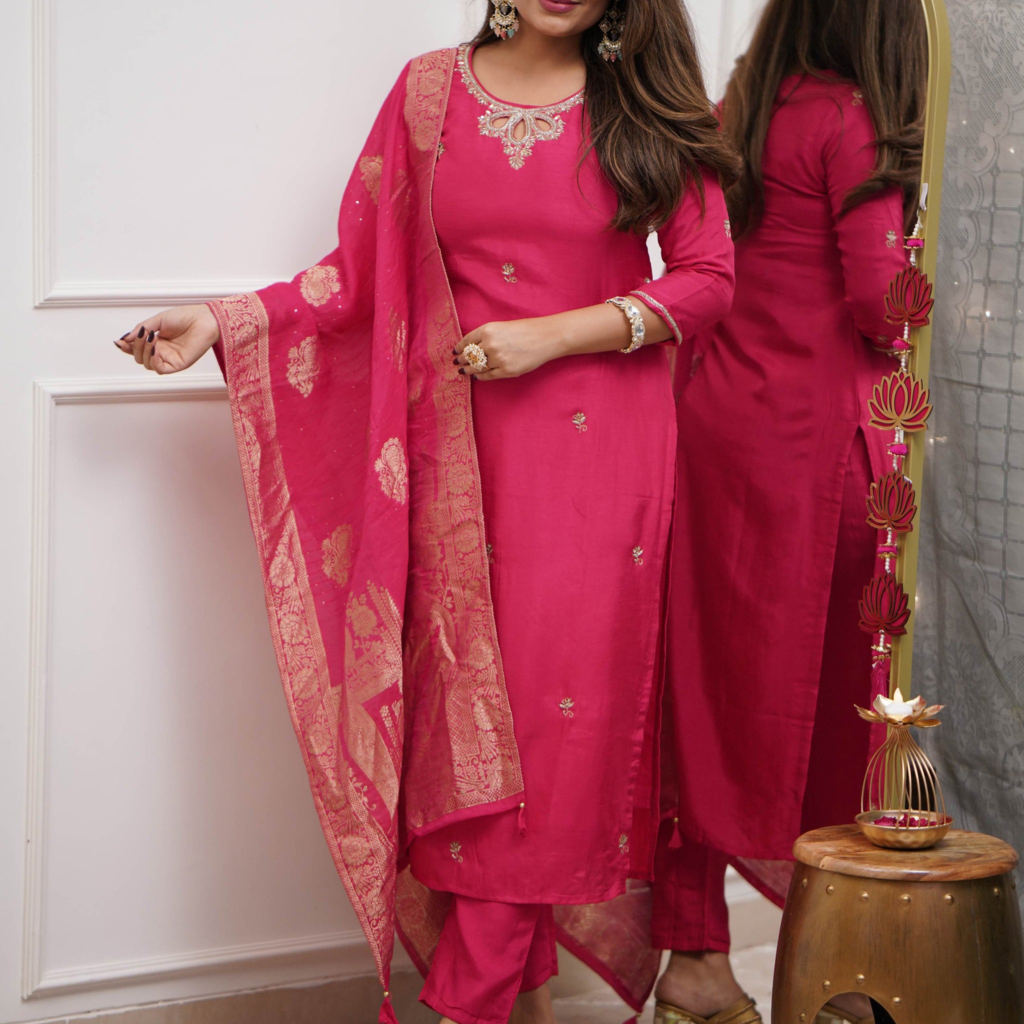 Attractive Rani Pink Embroidered Viscose Function Wear Pant Suit
