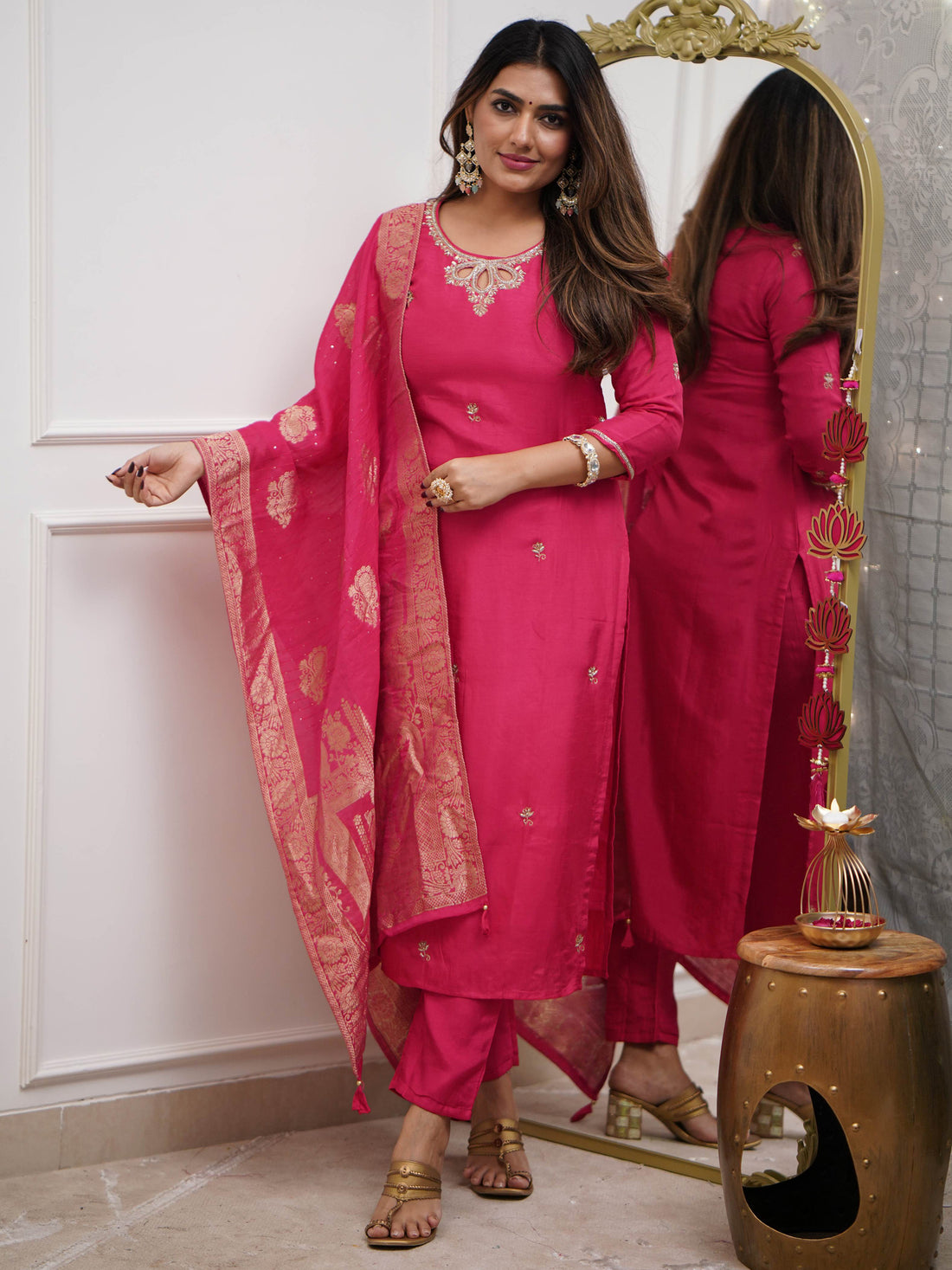 Attractive Rani Pink Embroidered Viscose Function Wear Pant Suit