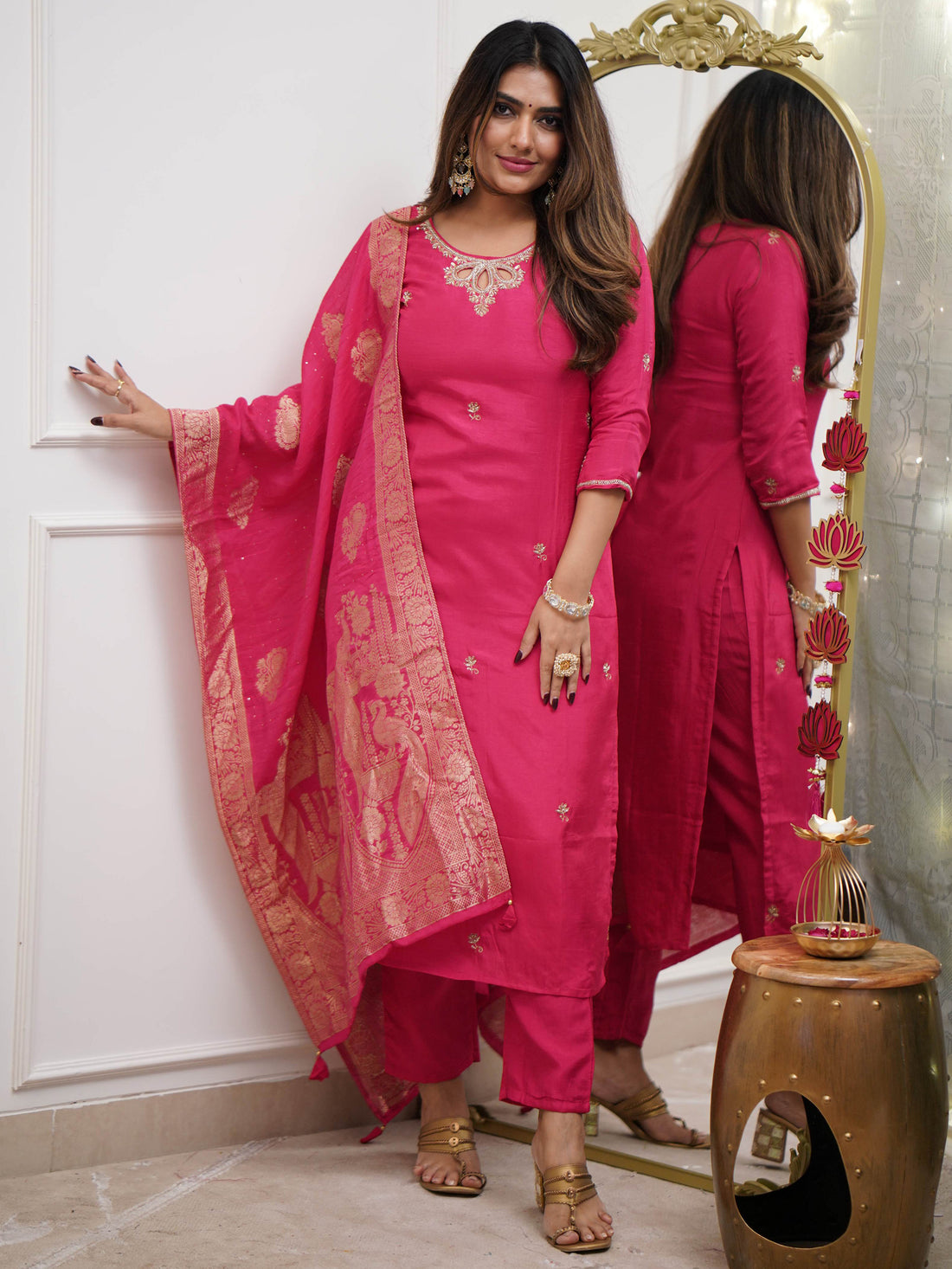 Attractive Rani Pink Embroidered Viscose Function Wear Pant Suit