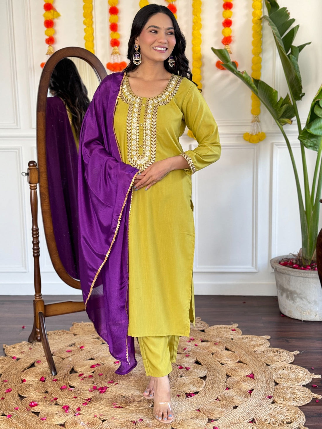 Beautiful Lemon Yellow Thread Embroidered Rayon Pant Suit