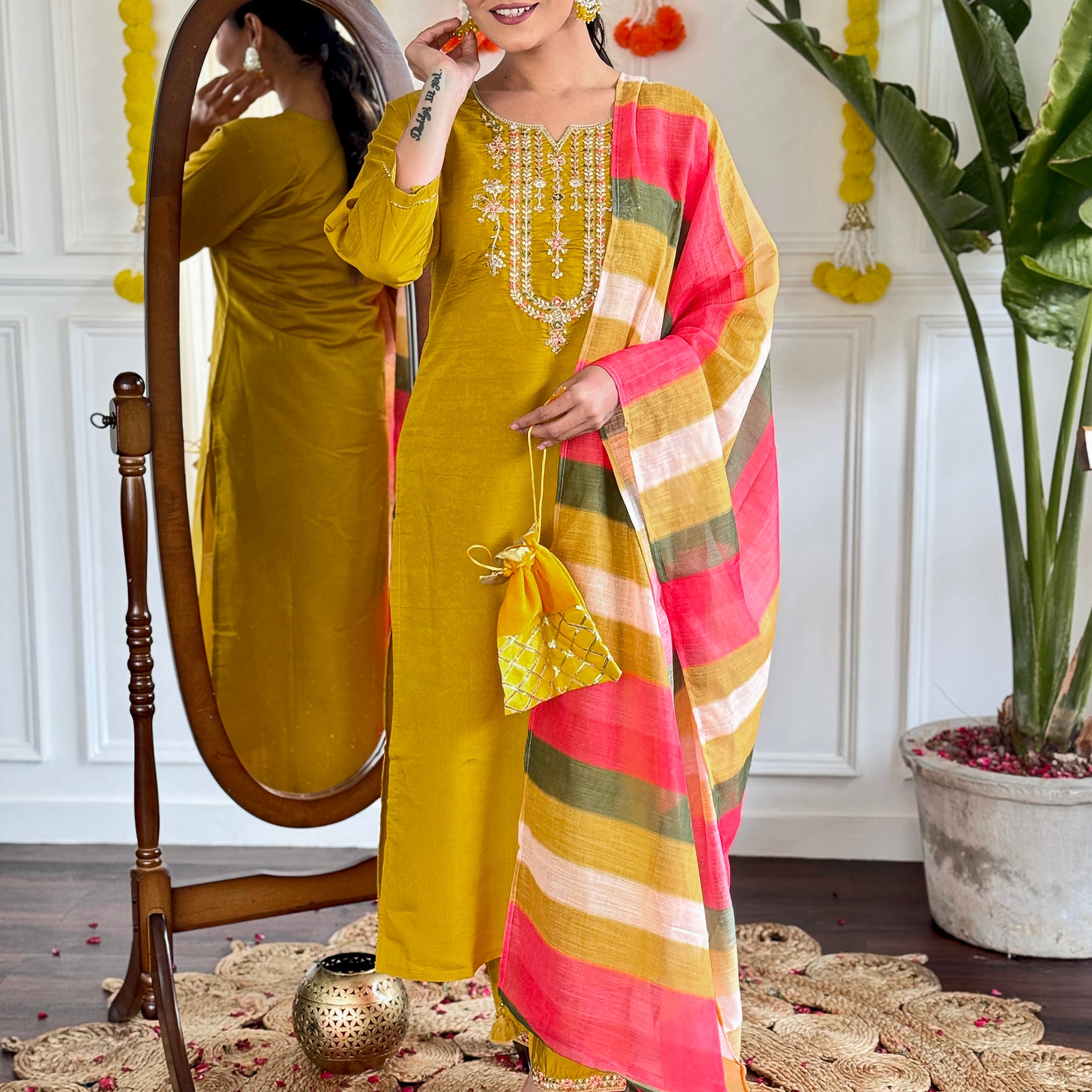 Fabulous Mustard Yellow Sequins Viscose Festival Wear Pant Suit