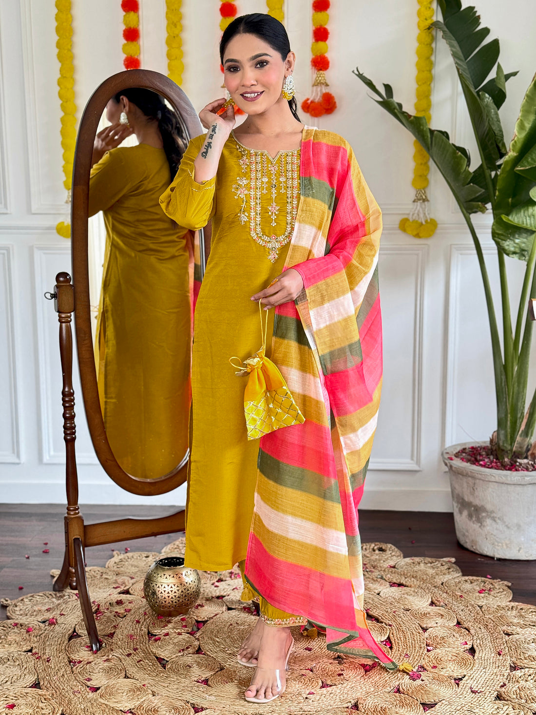 Fabulous Mustard Yellow Sequins Viscose Festival Wear Pant Suit