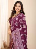 Precious Wine Zari Weaving Silk Festival Wear Saree With Blouse