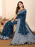 Winsome Teal Blue Zari Weaving Silk Function Wear Saree With Blouse